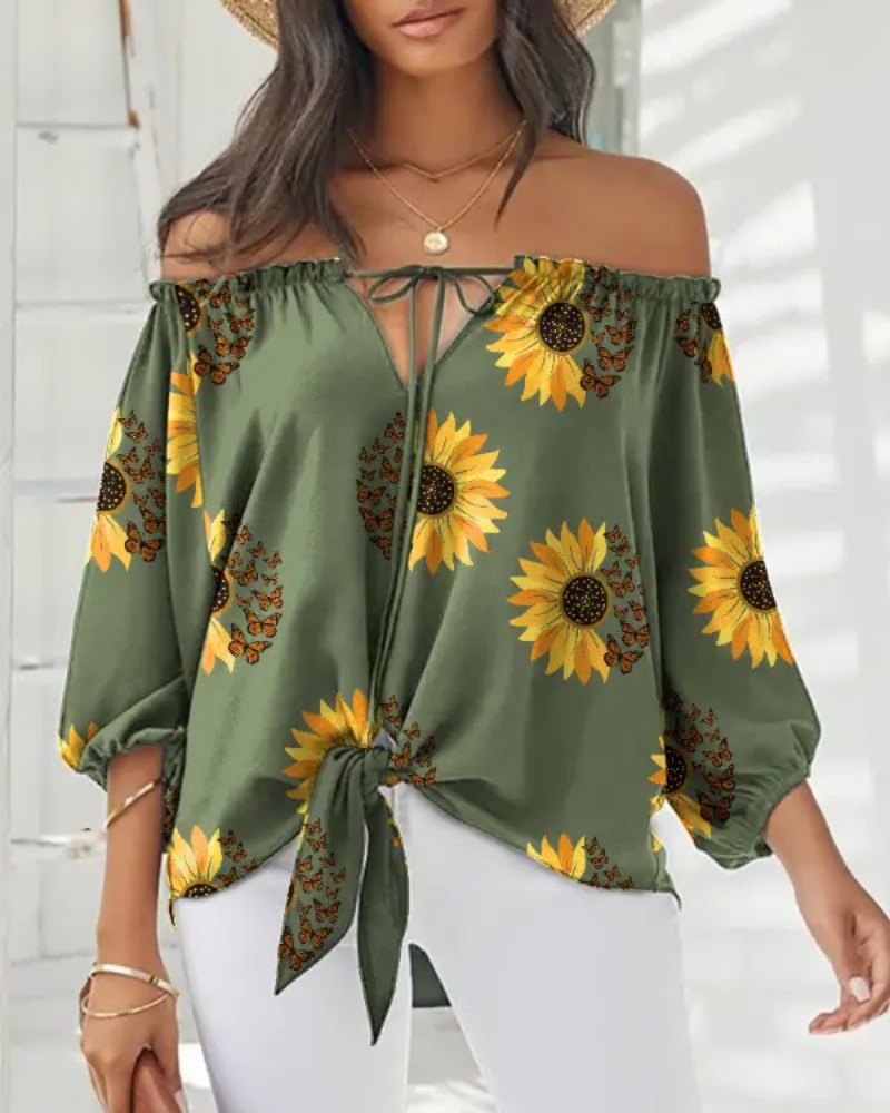 Women Elegant Bohemian Sexy Fashion Floral Print Off-The-Shoulder Top