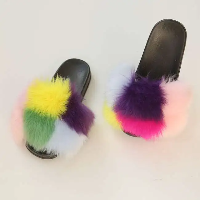 Women Fashion Multicolor Plush Decoration Flat Slippers