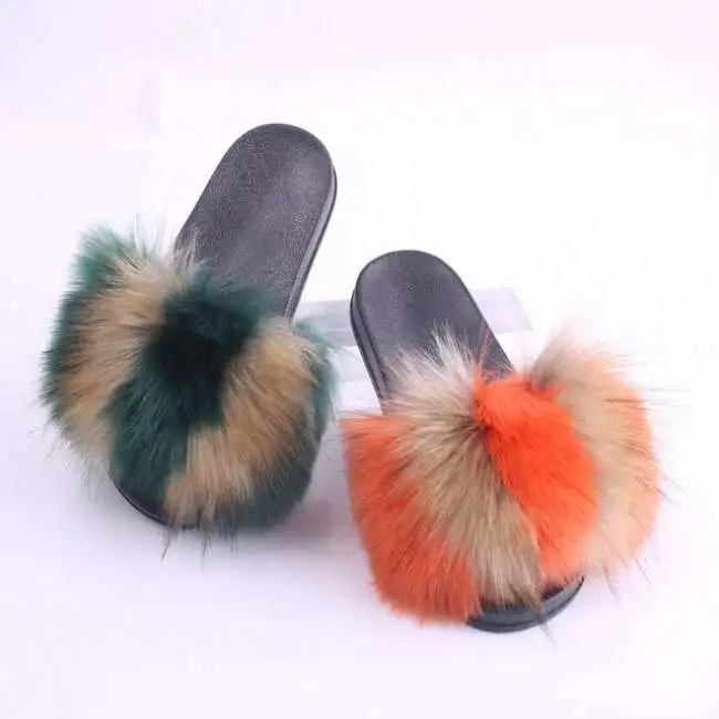 Women Fashion Multicolor Plush Decoration Flat Slippers