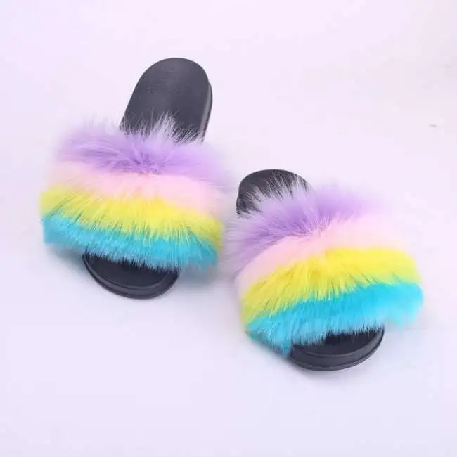 Women Fashion Multicolor Plush Decoration Flat Slippers