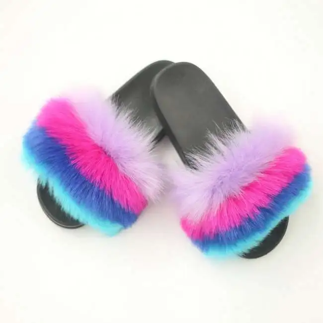 Women Fashion Multicolor Plush Decoration Flat Slippers