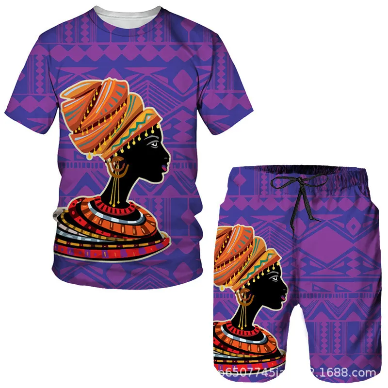 Men Fashion Plus Size Round Neck Short Sleeve Printed T-Shirt And Shorts Two-Piece Set