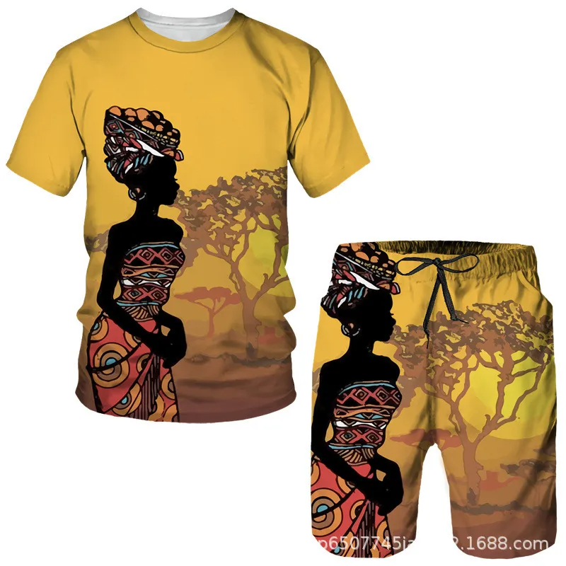 Men Fashion Plus Size Round Neck Short Sleeve Printed T-Shirt And Shorts Two-Piece Set