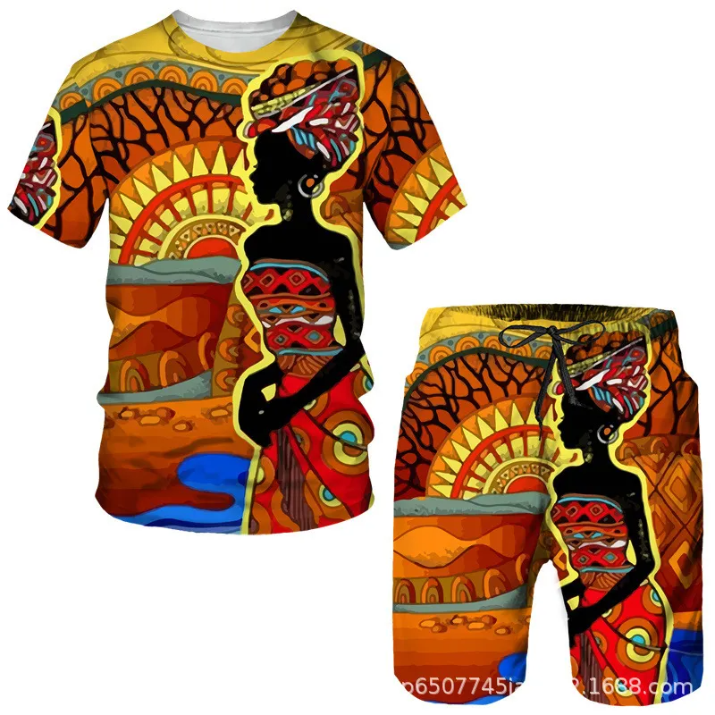 Men Fashion Plus Size Round Neck Short Sleeve Printed T-Shirt And Shorts Two-Piece Set