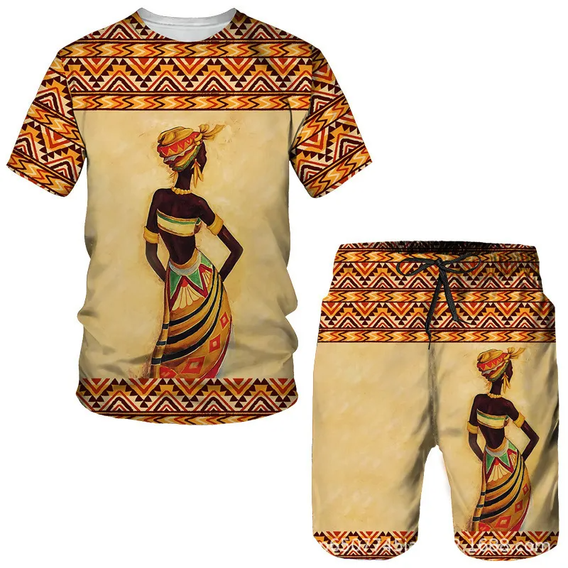 Men Fashion Plus Size Round Neck Short Sleeve Printed T-Shirt And Shorts Two-Piece Set