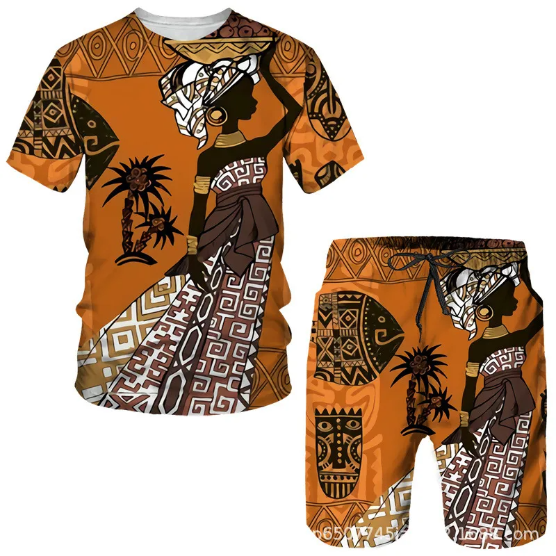 Men Fashion Plus Size Round Neck Short Sleeve Printed T-Shirt And Shorts Two-Piece Set