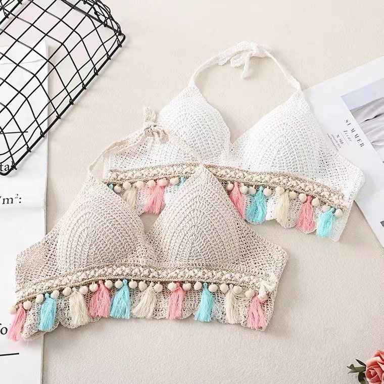 2 Pieces  Women Summer Fashion Holiday Cropped Crochet Knitted Hanging Neck Tassel Suspenders Tops