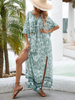 Summer Women'S Floral Printed Bohemian Beach Vacation V-Neck Short-Sleeved Cardigan And High Waist Side Slit Skirt Two-Piece Sets