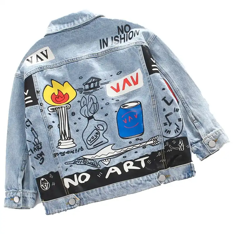 Kids Fashion Torch Pattern Letter Printed Denim Jacket