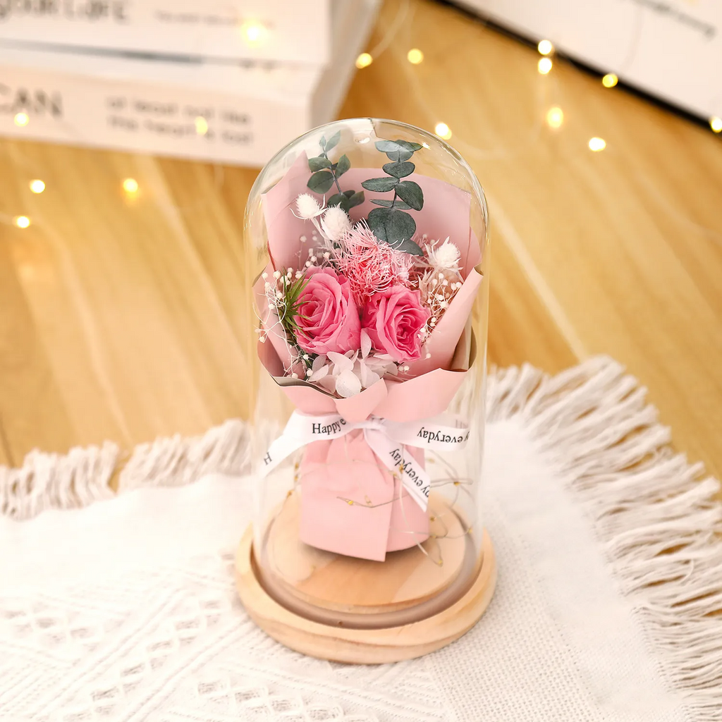 Valentine'S Day Eternal Flower Luminous Led Light Rose Flower Glass Cover Gift