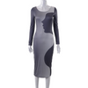 Women Fashion Sexy Figure Printing Long Sleeve Round Neck Dress