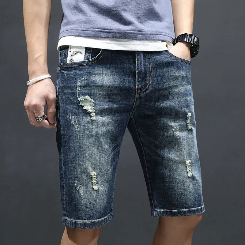 Men Casual Simple Hole Patch Letter Print Mid Waist Straight Slim Denim Shorts