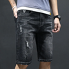 Men Casual Simple Hole Patch Letter Print Mid Waist Straight Slim Denim Shorts