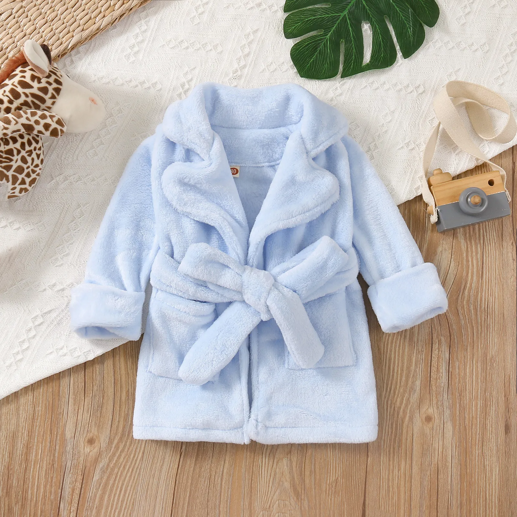 Kids Simple Solid Color Long Sleeve Lapel Plush Night-Robe