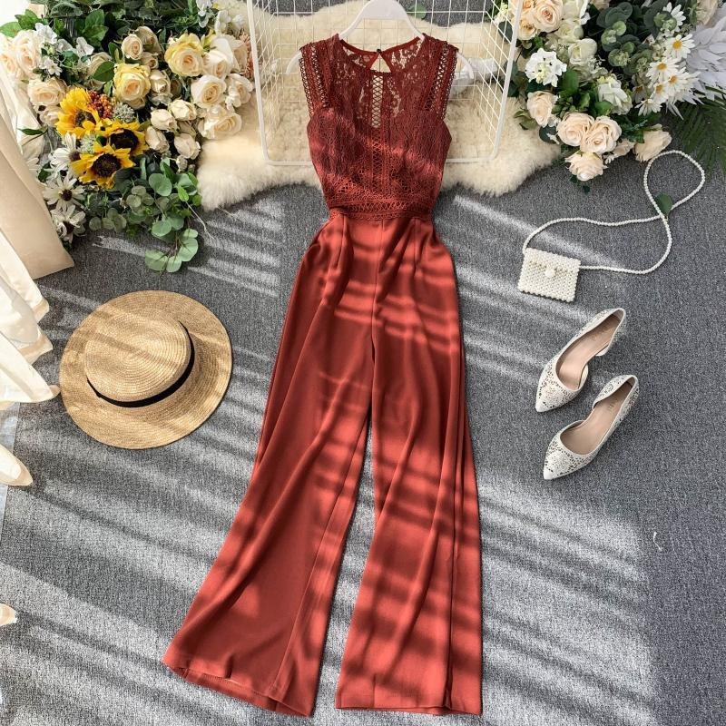 Women Fashion Causal Solid Color Lace Patchwork Hollow Sleeveless Defined Waist Jumpsuits