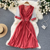 Women Casual Elegant Dot Printed Short Sleeves V-Neck Waist Belt Creased Mid-Length Dress