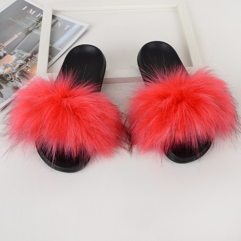 ( 2 pair ) Wholesale Women Winter Fashion Plus Size Faux Fox Fur Plush Flat Slippers