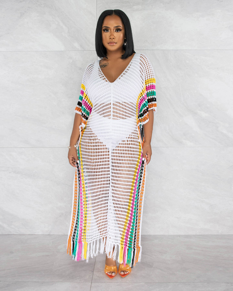 Women Summer Vacation Rainbow Color V Neck Hollow Knitted Tassel Coverup