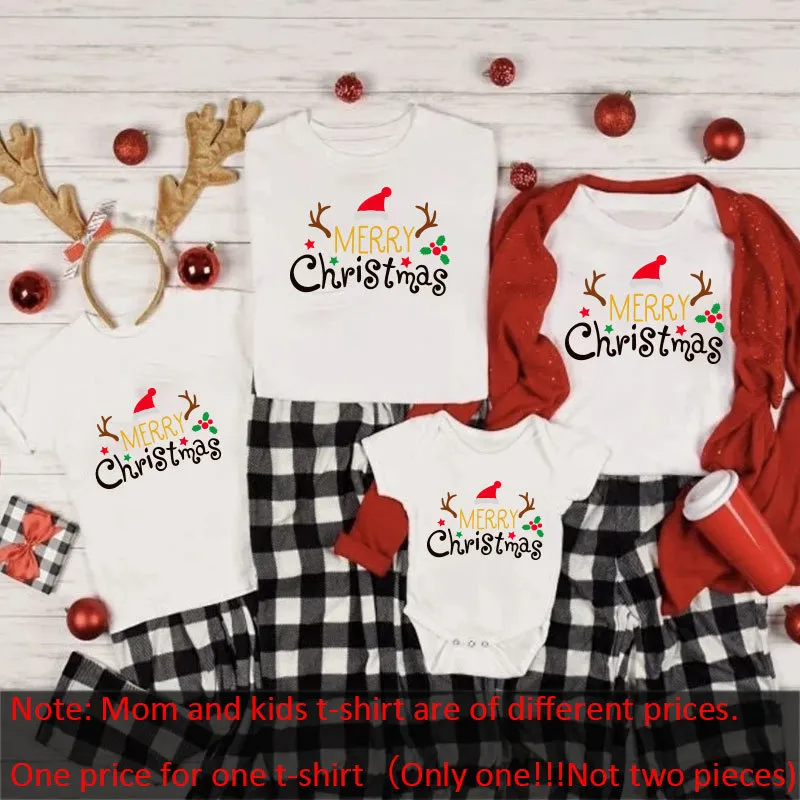 Christmas Fashion Cartoon Letter Elk Santa Claus Print Round Neck Short Sleeve Parent-Child T-Shirt