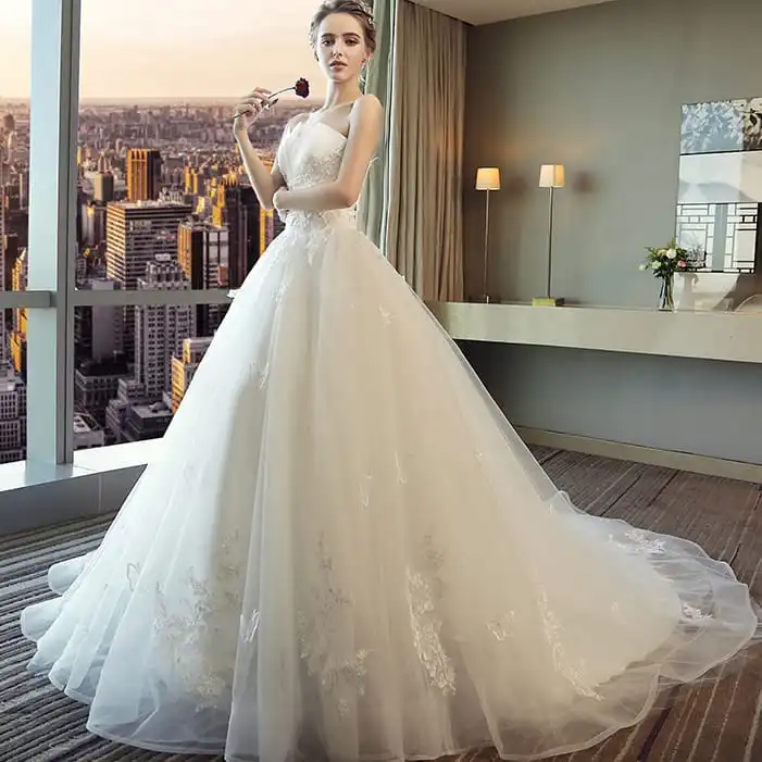 Women Elegant Tube Top Sweep Length Wedding Gown