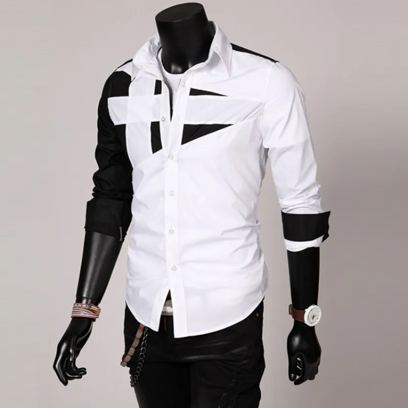 Men Fashion Contrast Color Splicing Lapel Slim Long Sleeve Shirt