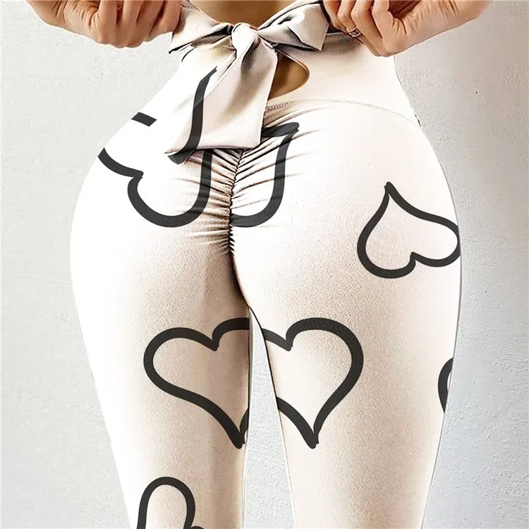 (Buy 1 Get 2) Women Fashion Casual Heart Printed Bow High Waist Hip Yoga Pants