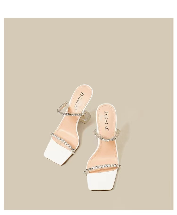 Women Fashion Sexy Rhinestone Chain Square Toe Heel Slippers