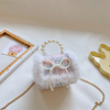 Kids Girls Autumn Winter Fashion Sweet Cute Color-Matching Pearl Bow Mini Square Chain Handle Crossbody Bag