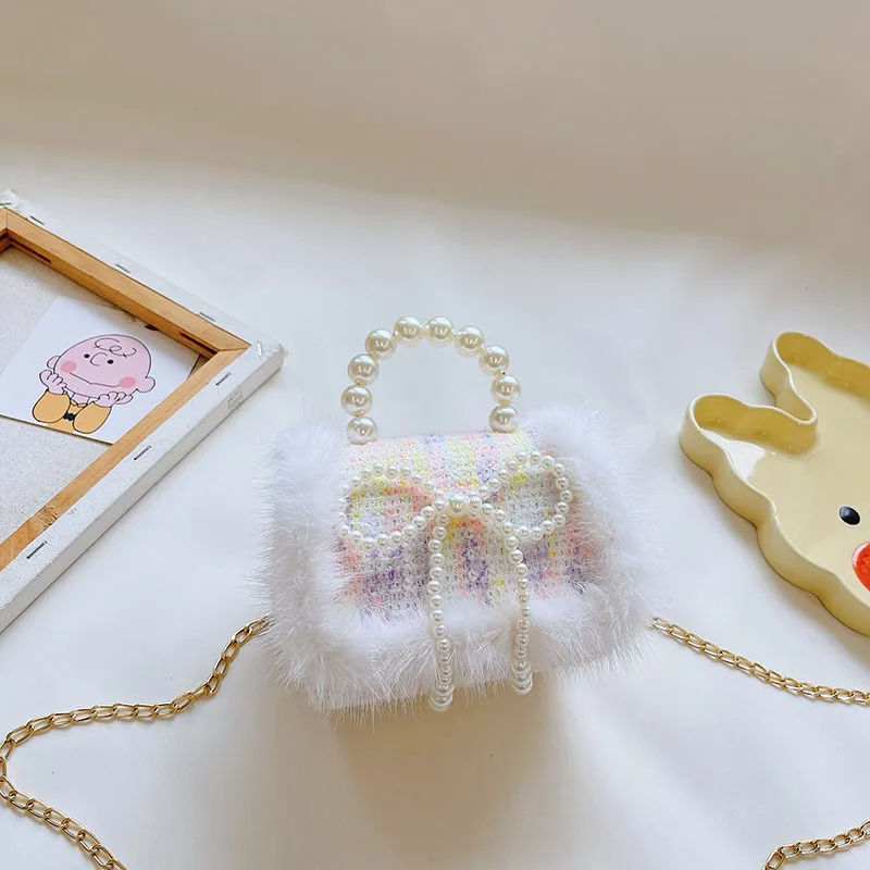 Kids Girls Autumn Winter Fashion Sweet Cute Color-Matching Pearl Bow Mini Square Chain Handle Crossbody Bag