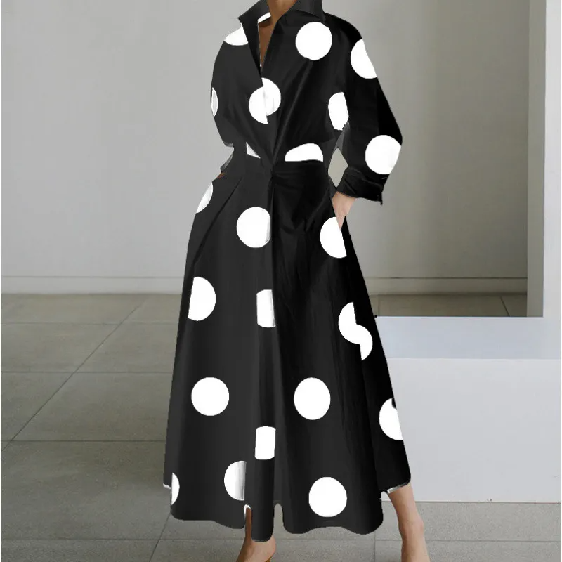 Women Ramadan /Eid Fashion Long Sleeve V-Neck Dot Print Long Sleeve Dress