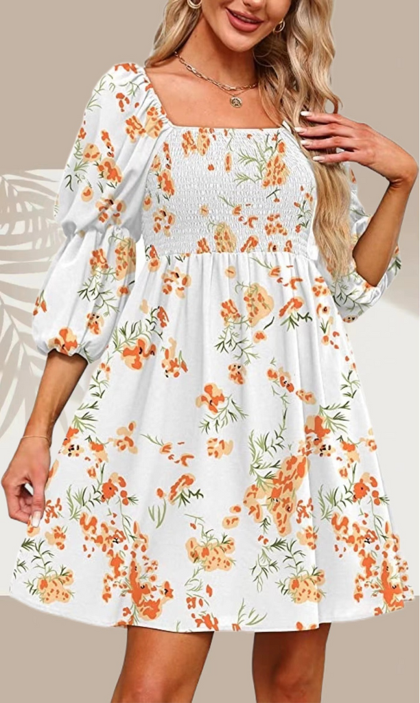 Women'S Fashion Casual Printing Puff Sleeve Square Neck Dress