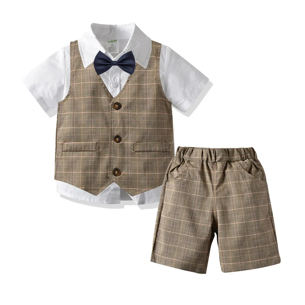 Kids Toddler Big Boys Summer Fashion Casual British Style Bow Waistcoat Shirt Shorts Party Clothing Set