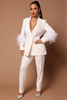 Women Fashion Casual Solid Color Feather Cuff V-Neck Coat Slim-Fit Pants 2pcs Blazer