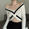 Women Fashion Summer Off-Shoulder Color Blocking Knitted Cropped Sweater