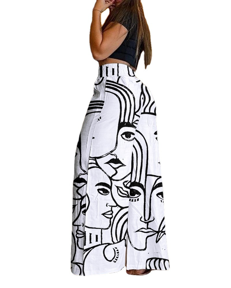 Women Fashion Casual Abstract Printing Wide Leg Pants