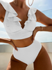 Women'S Sexy Solid Color Pleated Lace Double Strap Button Up Swimsuit Two-Piece Set