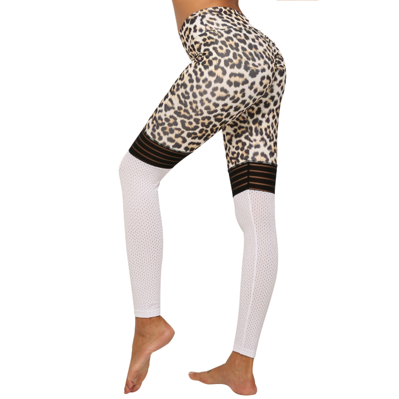 Leopard Print Stripe Mesh Patchwork Sports Leggings