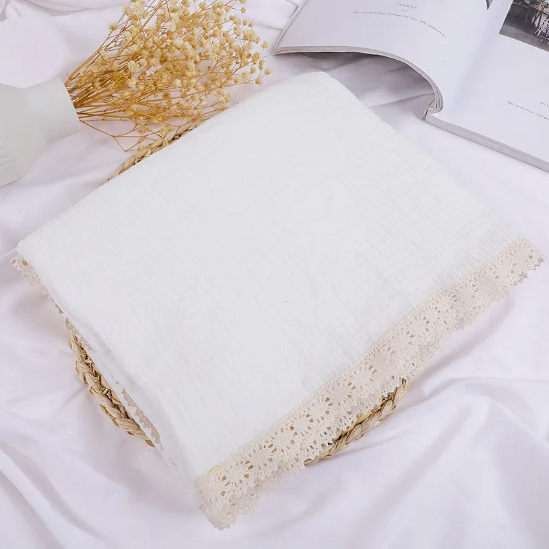 (Buy 1 Get 1) Baby Double-Layer Solid Color Swaddle Blanket Cotton Muslin Swaddles With Lace Edge(100*120cm )