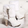 Women Fashion Pu Solid Color Plush Pointed Toe Platform Rhinestone Chunky Heel Short Boots