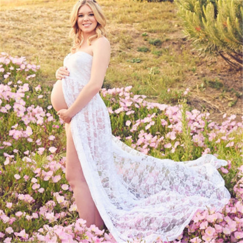 Women Sexy Strapless See-Through Lace Maternity Dresses