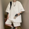 Men Casual Round Neck Pleated Short-Sleeved Loose T-Shirt And Shorts Two-Piece Set