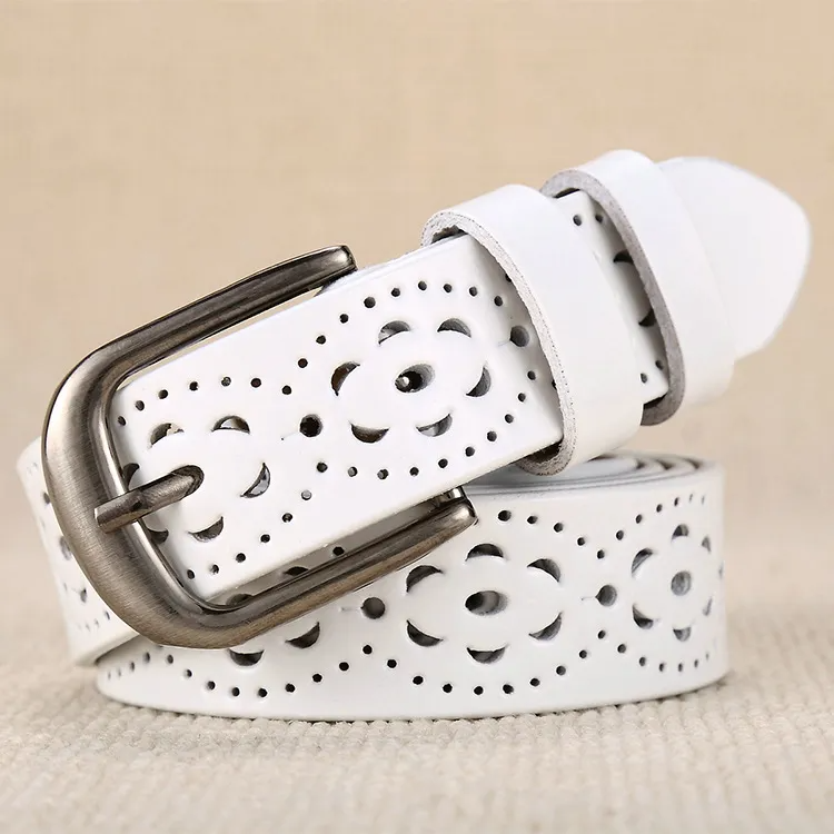 Women Fashion Casual Solid Color Versatile PU Hollow Metal Buckle Belt