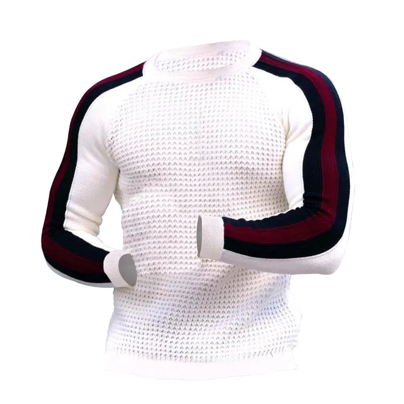 Men Autumn Winter Fashion Casual Simple Color Matching Round Neck Long Sleeve Knitted Shirt