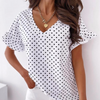 Fashion Casual Elegant Women'S Short-Sleeved White Polka-Dot Print Ruffled V-Neck Blouses