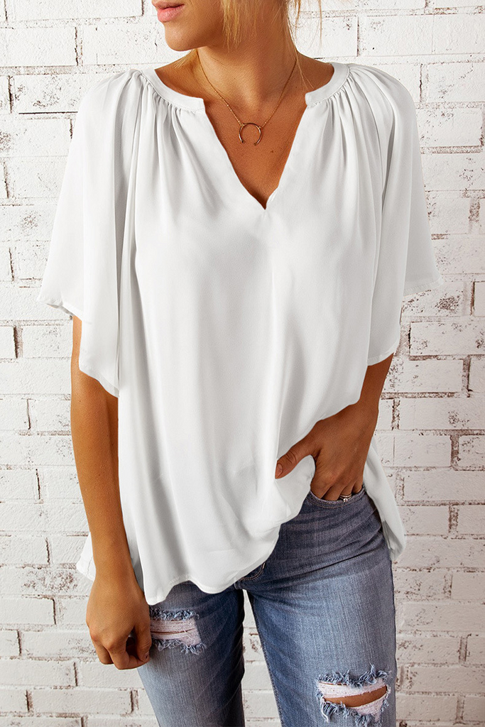 Summer Loose V-Neck Casual Women Solid Color Chiffon Blouse