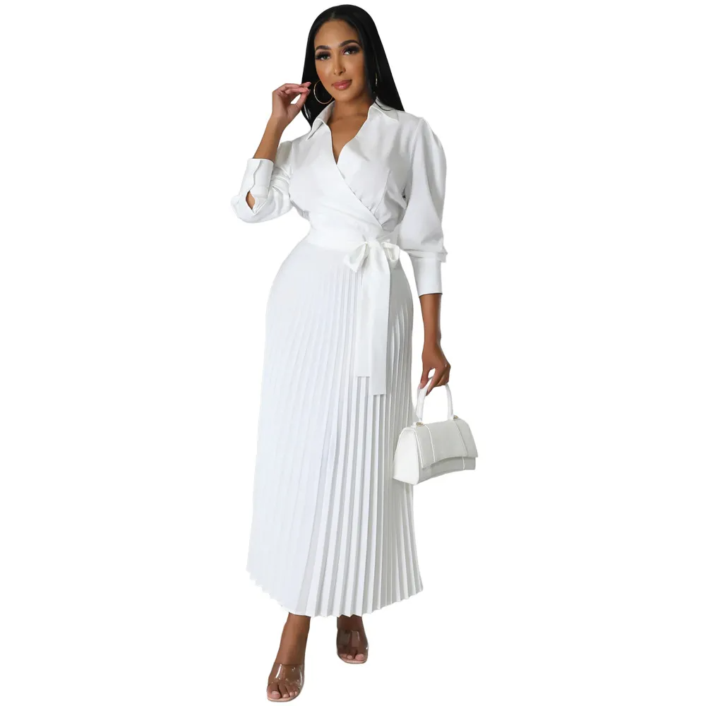 Women Ramadan /Eid Fashion Solid Color Long Sleeve Polo Collar High Waist Pleated Dress