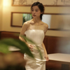 Light Wedding Satin Simple Off-The-Shoulder Temperament Bride Solid Color Dress