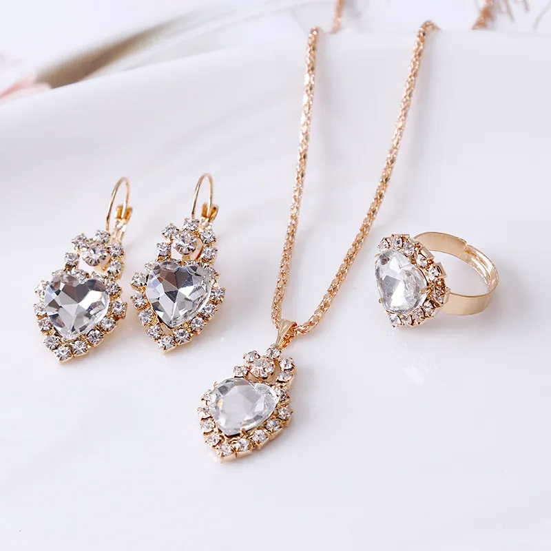 (Buy 1 Get 2) Women Fashion Heart Rhinestone Earrings Necklace Ring Set