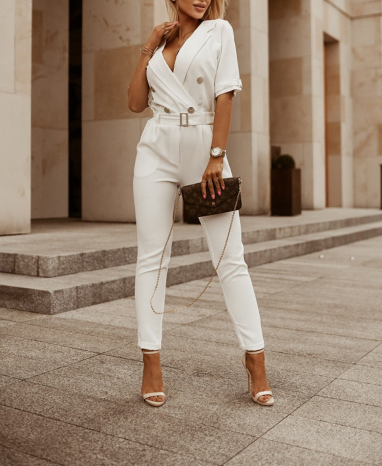 Women Solid Color Lapel V-Neck Short Sleeve Button Waist Casual Jumpsuit