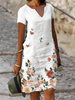 Women Casual Floral Printed Short-Sleeved V-Neck Cotton Linen Midi Dress